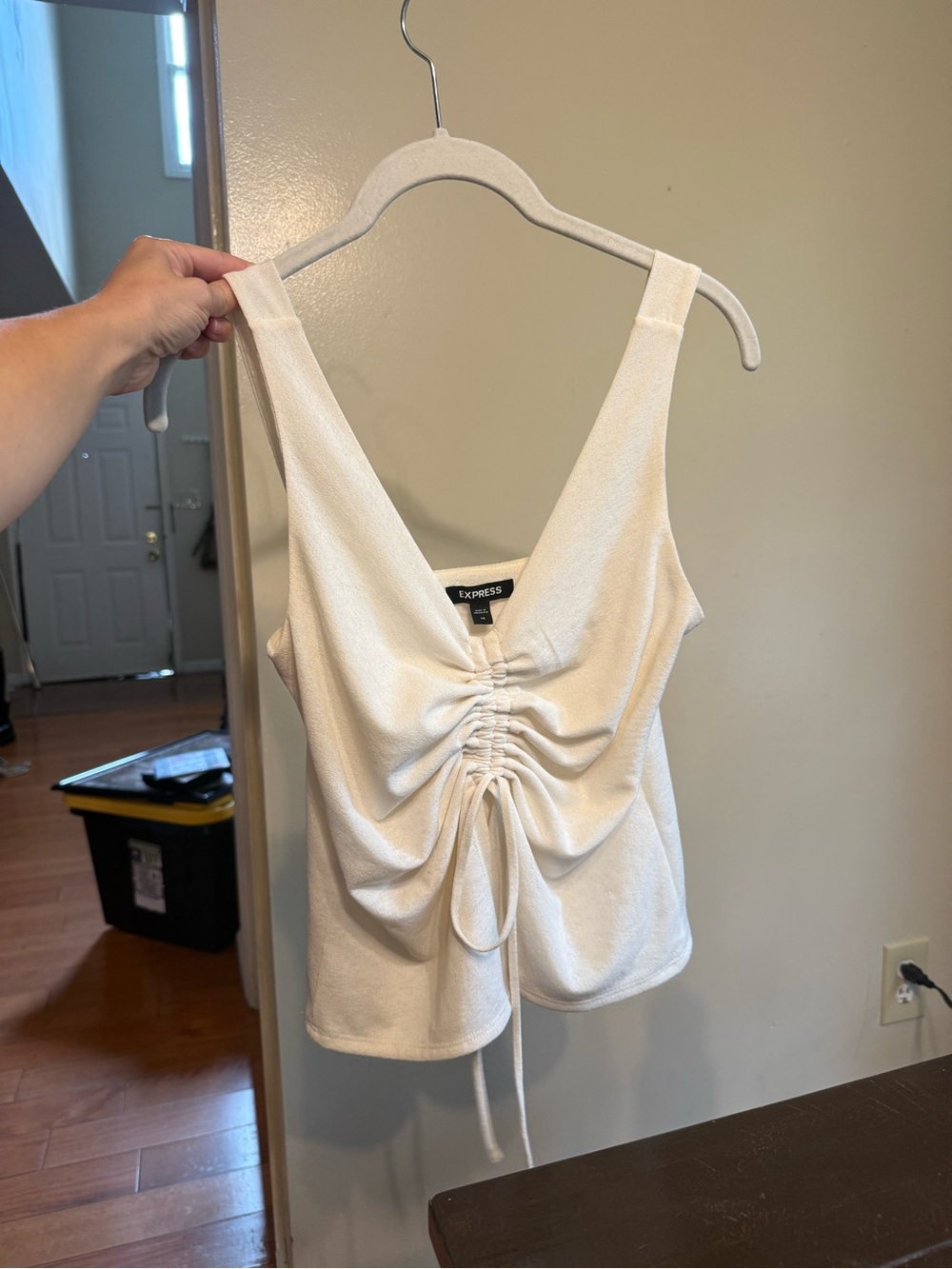Express White Ruched Drawstring V-Neck Tank